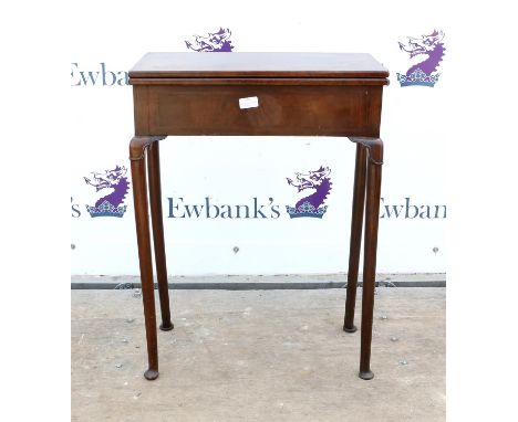 18th century style fold over card table, with herringbone cross-banding, single drawer, on carved tapering supports and pad f
