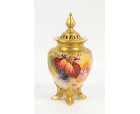 Royal Worcester small pot pourri vase with cover, painted with Autumn fruit by Kitty Blake and signed K Blake, purple printed