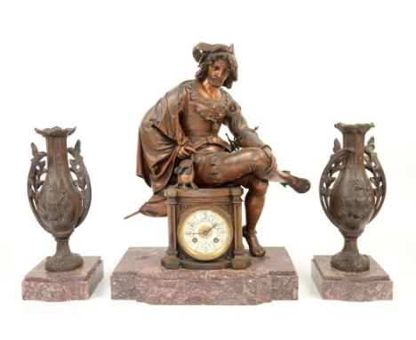 French 8 day marble  clock garniture  with spelter figure of a Cavalier, signed Vire, enamel dial 45cm x 33cm x 17cm (clock) 