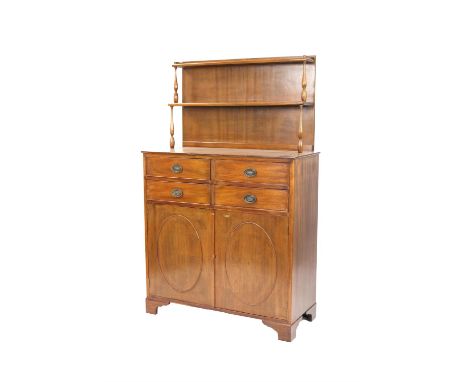 19th century mahogany chiffonier, with two tier shelved superstructure on turned supports above four small drawers and two cu