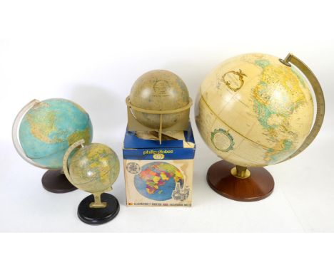 Replogle 12 inch diameter Terrestrial globe, Chad Valley tin plate 5 inch diameter terrestrial globe, an illuminated globe an