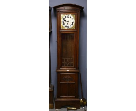 Art Nouveau style oak longcase clock, the arched top above Arabic dial, with glazed trunk door on plinth base with Art Nouvea