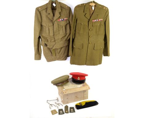 Collection of British Army uniforms and caps , to include WWII British Army dress uniform jacket Conway Williams of London la