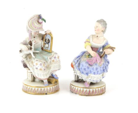 Dresden porcelain figure of a girl with a dog and a mirror, after the original model by Michel Victor Acier , model number F5