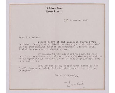 Winston Churchill. Hand signed letter sent from Downing Street, 20th November 1951. To a Mr. Luton regarding the recent elect