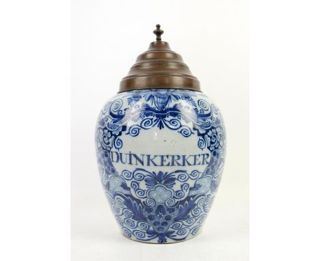 18th century Duinkerker Dutch delft blue and white tobacco jar with metal cover, underglaze blue mark 'BP' and paper labels o