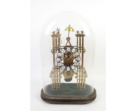 Late 19th century brass skeleton clock with single chain fusee movement, the chapter ring with enamel Roman numerals, strikin