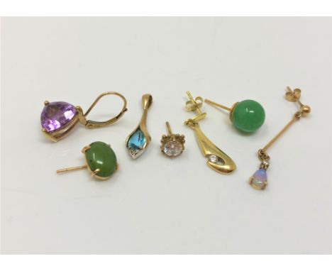 A group of gold single earrings and a pendant, set with amethyst, jade, opal and diamonds