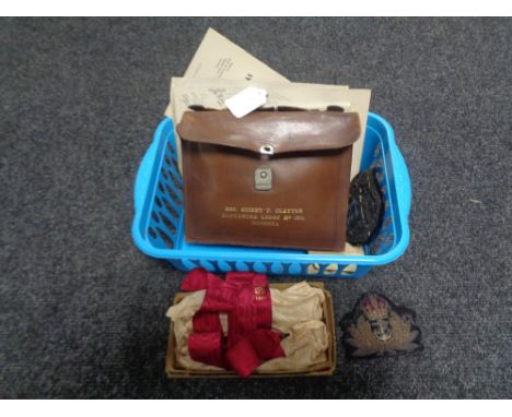 A Masonic Apron in brown leather case together with a Royal Order of Buffalos pendant and sash, embroidered badges, together 