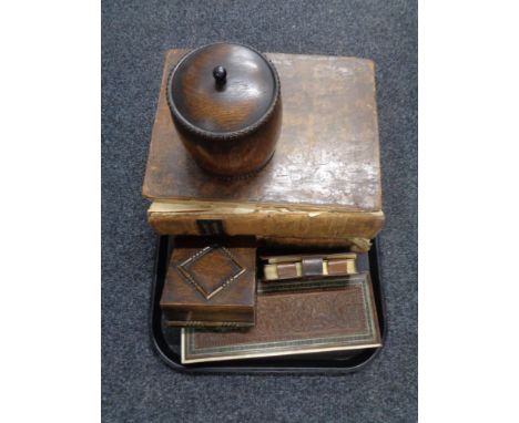 A tray containing two antique leather bound volumes, Johnson's Dictionary, leather cased playing cards, wooden trinket box, w