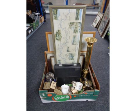 A box containing assorted framed pictures and prints, brass candlestick, vintage typewriter, china, carriage clocks etc.  