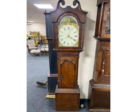 A 19th century longcase clock with painted dial, pendulum and weight 