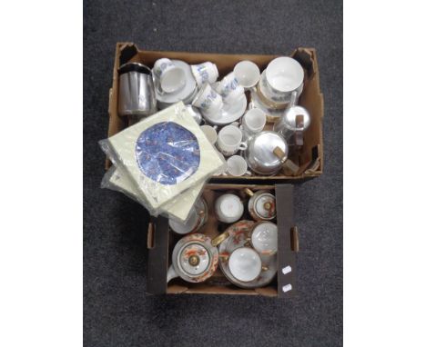 Two boxes containing Ringtons chintz china, Queen Anne china, Picquot ware teapots, Japanese tea service etc.  