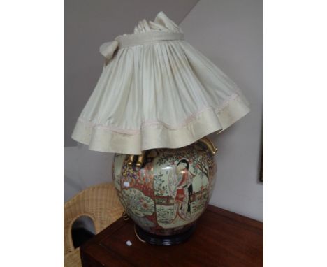 A bulbous Japanese style table lamp with shade depicting geishas.  