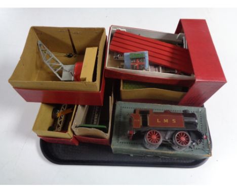 A tray containing boxed mid 20th century Hornby LMS 2270 engine, signals, platform crane etc (boxed).  