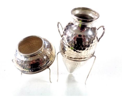 A continental silver conical vase on stand together with a continental silver bowl on stand.  