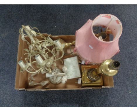 A box containing three brass table lamps, onyx cigarette box together with a contemporary light fitting with matching wall li