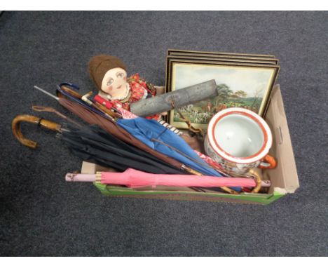 A box containing vintage parasols and riding crops, hunting prints in Hogarth frames, Chinese style chamber pot, cloth doll e