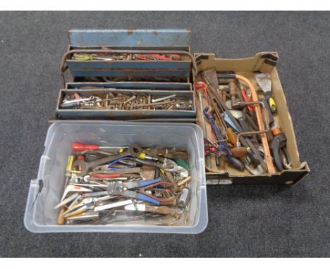 A metal concertina tool box together with two further tool boxes containing assorted hand tools and hardware.  