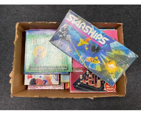 A box containing vintage games to include Battleships, Games Compendiums, Solitaire etc. 