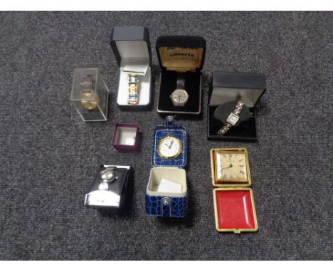 A tray containing a quantity of boxed wristwatches, travel clocks and a nurse's watch to include Seiko, Accurist etc.   