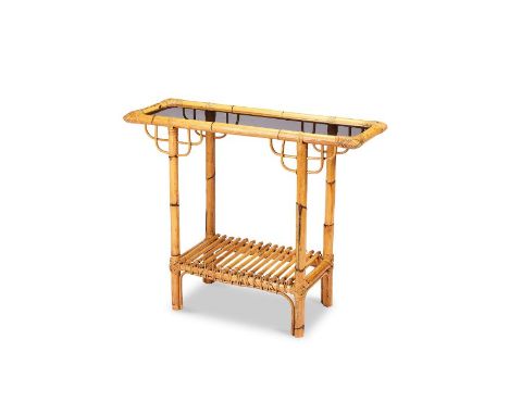 A vintage bamboo console tableThe rectangular inset smoked glass top above a platform undertier, 91cm wide, 33cm deep, 75cm h