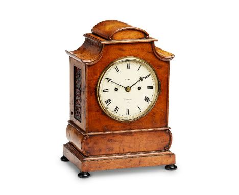 A mid 19th century burr walnut bracket clock, Dent, London, No.802The pagoda top above straight pierced fret sides on rectang