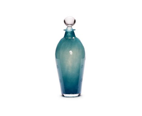 Kari Ulleberg, a blue glass flask and stopper, circa 2008The ovoid body etched with circles, 27cm high.Provenance: Lillehamme