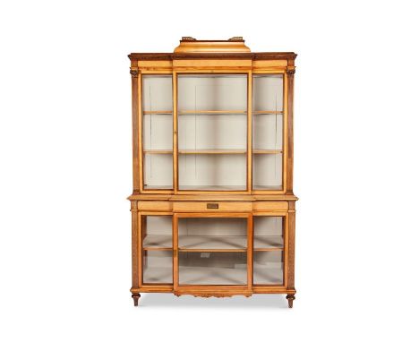 A late Victorian cherry and laburnum display cabinet In two parts, the rectangular stepped caddy top with pierced brass three