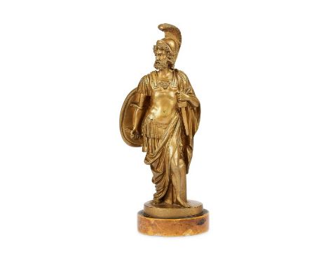 A 19th century French gilt bronze standing figure of Mars by SevrerWith plumed helmet, with dagger and shield, on a turned ma