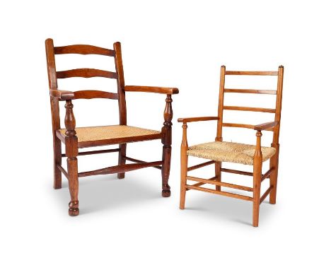 Two late 19th/early 20th century elm children's open armchairsBoth with ladder backs, one with a rush the other with a cane s