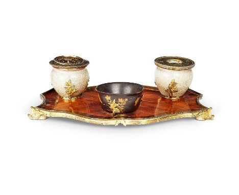 A Louis XV tulipwood and rosewood crossbanded encrierApplied ormolu mounts, the shaped quarter-veneered tray with a fitted Ch