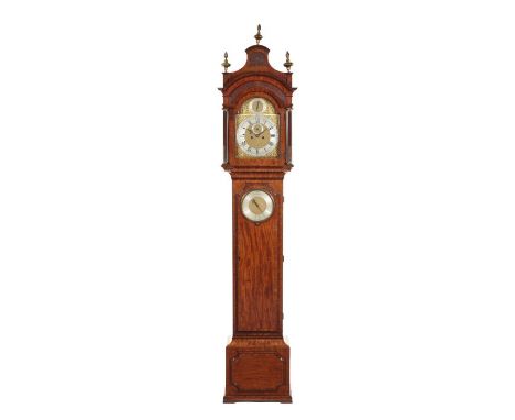 An unusual George II mahogany and brass mounted longcase clock and barometer by Richard PeckoverThe pagoda shaped hood with b