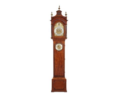 An unusual George II mahogany and brass mounted longcase clock and barometer by Richard PeckoverThe pagoda shaped hood with b