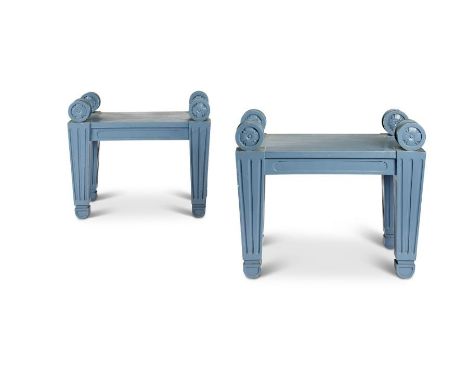 A pair of blue/grey painted Regency style hall stools in the manner of C.H Tatham
The rectangular seats with applied paterae 