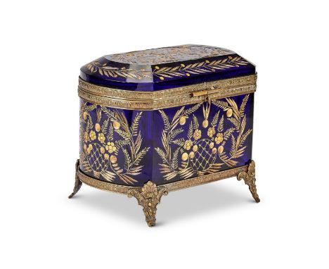 A 19th century French blue etched glass and gilded casket Applied with gilt bronze mounts, decorated with flowerheads and lea