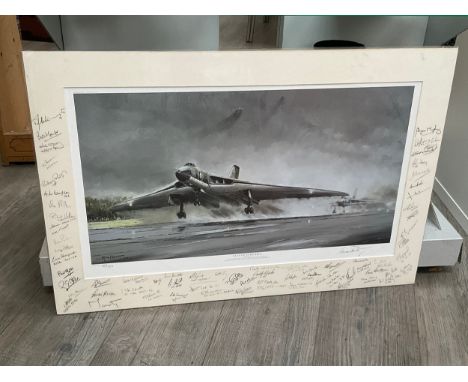 A Michael Rondot limited edition print ‘Vulcan Scramble’ depicting aircraft taking off, multiple signatures to mounting, some