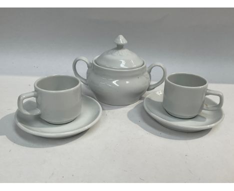 Two WWII German Kriegsmarine U-Boat cups and saucers together with lidded sugar bowl, all marked Bauscher Weiden Unterseeboot