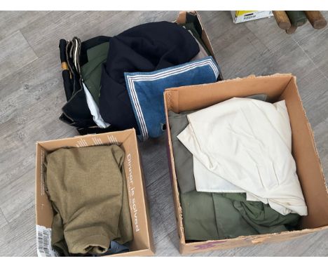 Three boxes of mixed military shirts and trousers including army and navy 