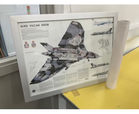 A print 'Avro Vulcan XH558' depicting inner workings of the aircraft with multiple signatures, framed and glazed. Three unfra
