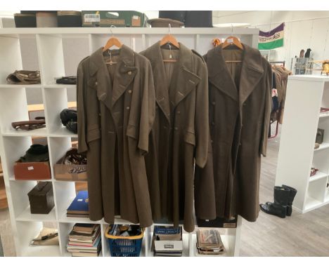 Three British Army officer’s greatcoats, one by a French maker, two are 1951 pattern 