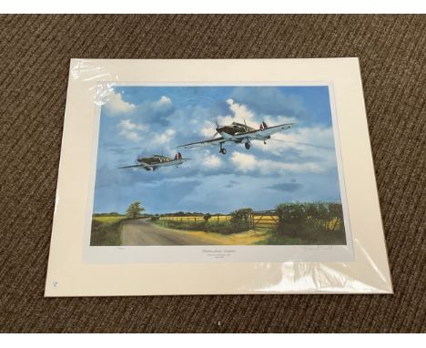 A Simon Smith limited edition print ‘Return from Combat’ depicting Hurricanes of 85 Squadron 1940, 143/850, signed, mounted a