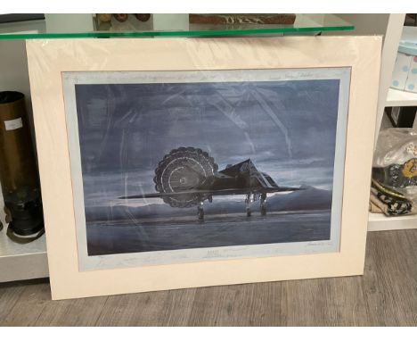A Michael Rondot limited edition print ‘Black Jet’ depicting Lockheed F117A landing with parachute, multiple signatures inclu