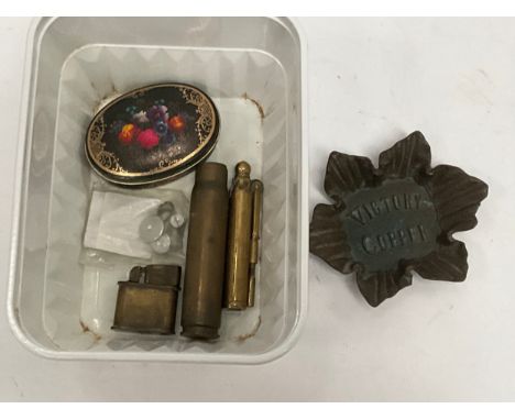 An HMS Victory copper dish together with trench art lighter etc. 