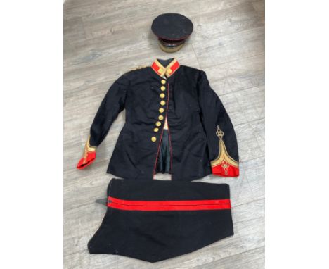 An Edward VII era Army Ordnance mess dress jacket with trousers, insignia and webbing etc, moth damage present, webbing a/f 