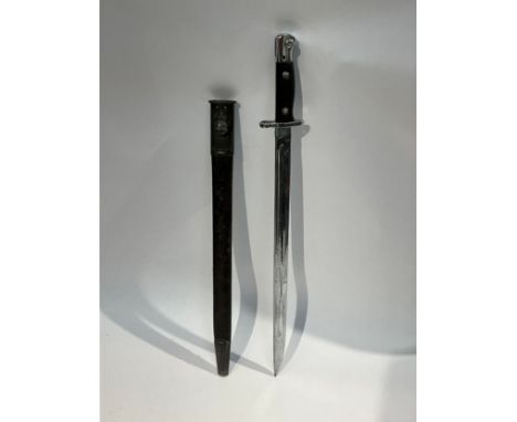 A British 1907 pattern bayonet, chromed, leather and steel mounted scabbard 