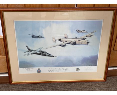 A signed print after Eric Day of B24 Consolidated Liberator in East Anglia, signed by Sqm. Ldr. Mike Rondot RAF and Col. Ray 