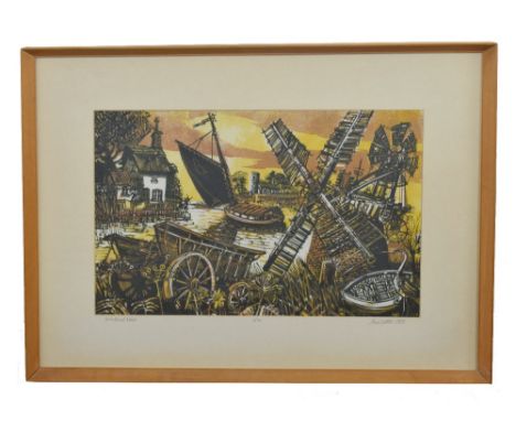 John Sutton (British, 20th century), Broadland views, woodblock print, signed and inscribed, 33 x 49cm