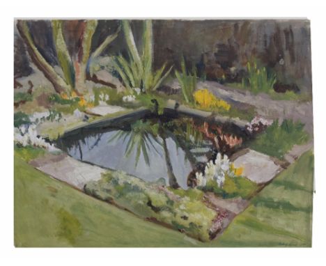Ruby Hunt (British, 20th century), A study of a garden pool, oil on board, 30 x 45cm