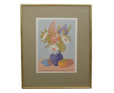 Janowski Sandor (Hungarian, 20th century), Still Life print of flowers and fruit, woodblock print, signed and inscribed, 35 x